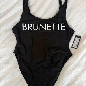 Brunette The Label Black One-Piece Swimsuit with White Logo Text